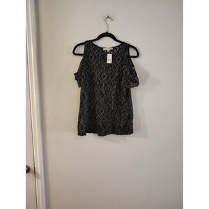 LOFT Womens Black Silver Metallic Floral Lace Cold Shoulder Top NWT Size S